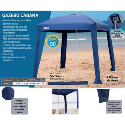 Guarda Sol Cabana Gazebo 2,2x 2,2m Portátil Kala Para Praia