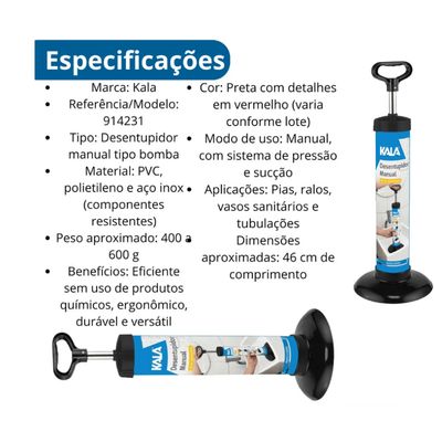 Desentupidor Manual De Vaso Pia Bomba Sucção Multiuso Kala