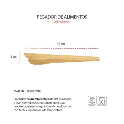 Pegador de Salada Bambu Natural 30cm Pinça Alimentos
