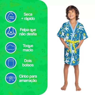 Roupão Infantil Aveludado Quimono M Space Dino Lepper