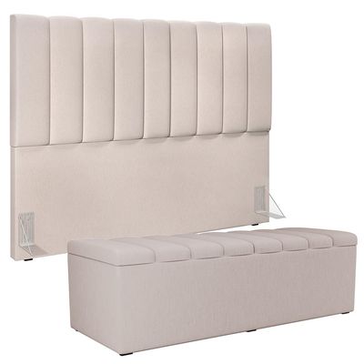 Kit Cabeceira Cama Box Casal Queen 160cm Com Calçadeira Baú Dália W01 Linho Cru - Lyam Decor