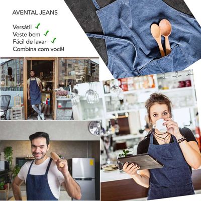 Avental Jeans Profissional Azul Chef Bar e Bandana Algodao