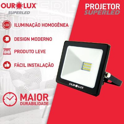 Projetor Led Slim 100w Preto 3000k - Ourolux Refletor Superled Slim 3000k 100w Bivolt Preto