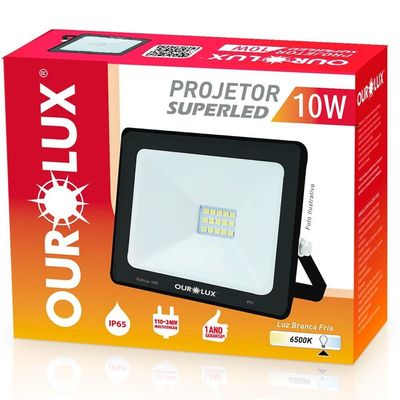 Projetor Superled Slim Preto Bivolt De 10 Watts E 6500k - 03261 - Ourolux