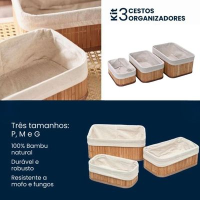 Conjunto 3 Cesto Organizador Multiuso Em Bambu