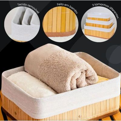 Conjunto 3 Cesto Organizador Multiuso Em Bambu