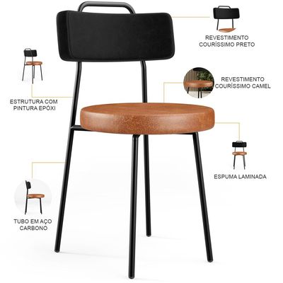Kit 04 Cadeiras Decorativas Estofada Para Sala Jantar Barcelona L02 Couríssimo Preto Camel - Lyam