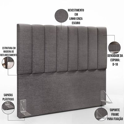 Kit Cabeceira Cama Box Casal 140cm Calçadeira Recamier Baú Dália W01 Linho Cinza Escuro - Lyam Decor