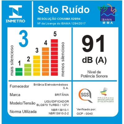 Liquidificador Britânia BLQ970V Turbo 900W 2,6L 220V