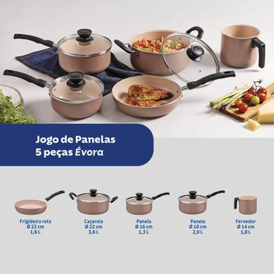 Conjunto de Panelas Tramontina Évora 5 Peças Revestimento Cerâmico Tampas de Vidro Alumínio Capuccino