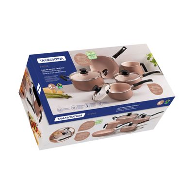 Conjunto de Panelas Tramontina Évora 5 Peças Revestimento Cerâmico Tampas de Vidro Alumínio Capuccino