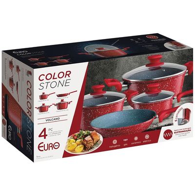 Conjunto de Panelas 4 Peças Euro Colorstone Antiaderente, Tampas de Vidro e Cabos de Baquelite - Volcano