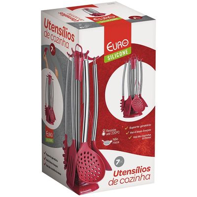 Conjunto de Utensílios de Cozinha Euro em Silicone com 7 Peças - Vermelho