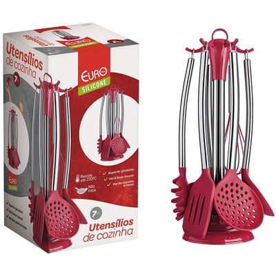 Conjunto de Utensílios de Cozinha Euro em Silicone com 7 Peças - Vermelho