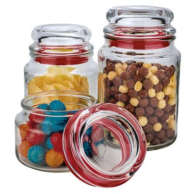 Conjunto de Potes Multiuso Euro Home Transparente/Vermelho em Vidro e PVC  3 Peças