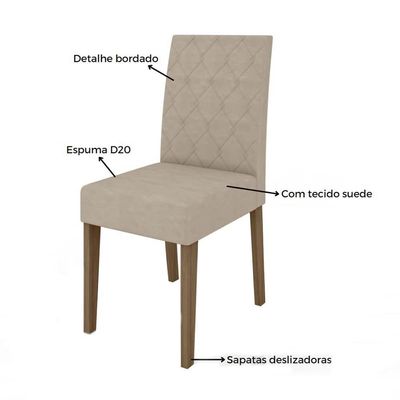 Mesa de Jantar Retangular Poliman Kate com 4 Cadeiras Estofadas Revestidas em Suede  Carvalho/Off White