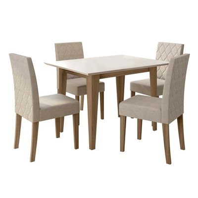 Mesa de Jantar Retangular Poliman Kate com 4 Cadeiras Estofadas Revestidas em Suede  Carvalho/Off White