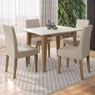 Mesa de Jantar Retangular Poliman Kate com 4 Cadeiras Estofadas Revestidas em Suede  Carvalho/Off White
