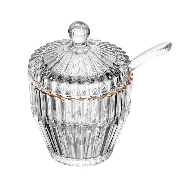 Açucareiro com Colher Wolff Império 8x8x11cm Cristal com Fio de Ouro Transparente