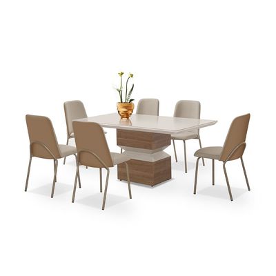 Mesa de Jantar Retangular Aço Nobre Aurora com 6 Cadeiras Estofadas  Champagne/Areia
