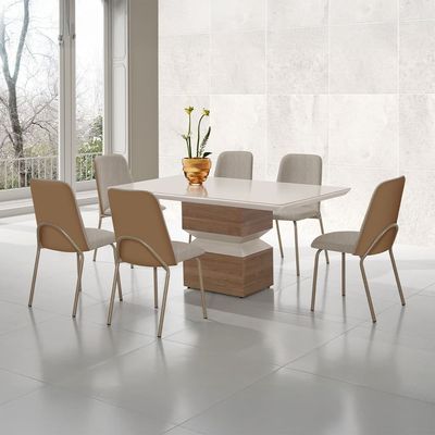 Mesa de Jantar Retangular Aço Nobre Aurora com 6 Cadeiras Estofadas  Champagne/Areia
