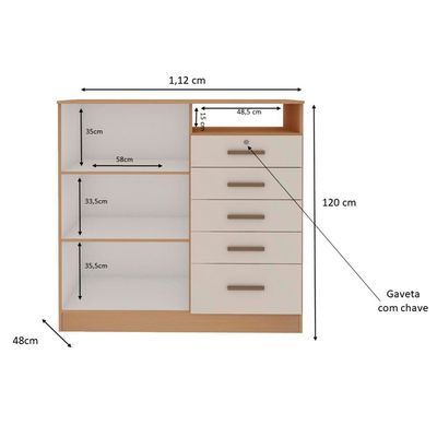 Cômoda Genialflex Guatemala com 2 Portas, 5 Gavetas, 2 Prateleiras, 1 Nicho e 112cm de largura - Freijó/White Laca