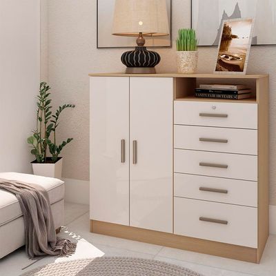 Cômoda Genialflex Guatemala com 2 Portas, 5 Gavetas, 2 Prateleiras, 1 Nicho e 112cm de largura - Freijó/White Laca