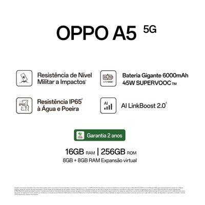 Smartphone OPPO A5 5G Tela 6.67" 256GB 8GB RAM Câmera 50MP Verde