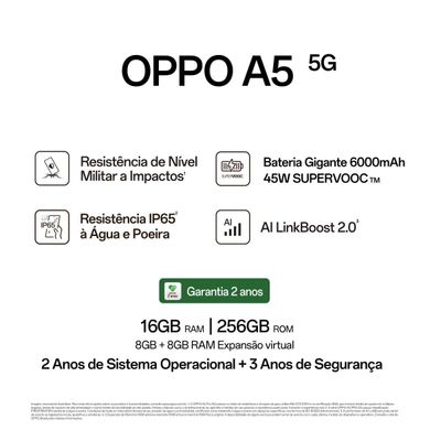 Smartphone OPPO A5 5G Tela 6.67" 256GB 8GB RAM Câmera 50MP Branco