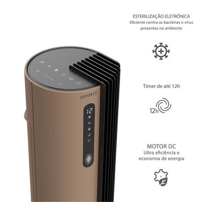 Ventilador de Torre 110cm Spirit Esterilizador com 12 velocidades, Controle Remoto e Timer de até 12 horas, Marrom  Bivolt