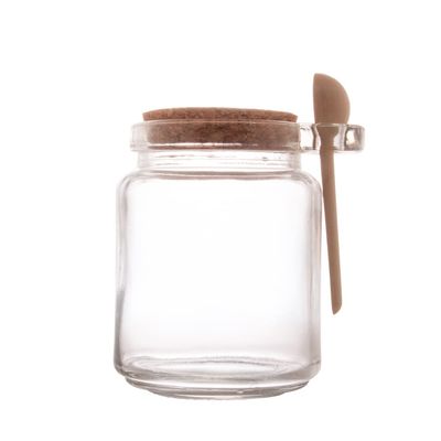 Porta Tempero de Vidro Lyor com Colher de Bambu e Tampa de Rolha  310ml Transparente