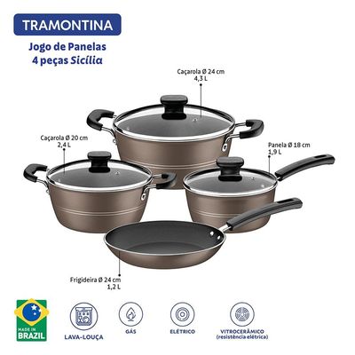 Jogo de Panelas Tramontina Sicília em Alumínio com Revestimento Interno e Externo Antiaderente Starflon Excellent Avelã  4 Peças