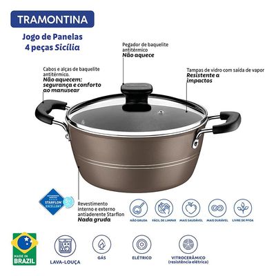 Jogo de Panelas Tramontina Sicília em Alumínio com Revestimento Interno e Externo Antiaderente Starflon Excellent Avelã  4 Peças
