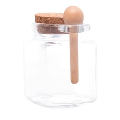 Porta Tempero Quadrado de Vidro Lyor com Colher de Bambu e Tampa Rolha - 310ml