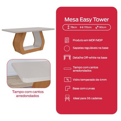Conjunto Sala de Jantar Mesa Easy Tower 170x90cm MDF/Vidro com 6 Cadeiras Confort  Amendoa/off White
