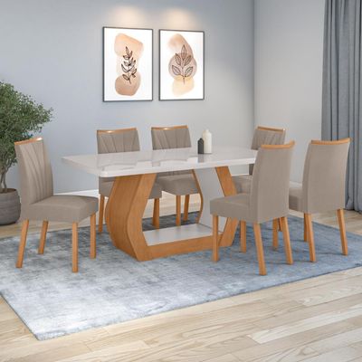 Conjunto Sala de Jantar Mesa Easy Tower 170x90cm MDF/Vidro com 6 Cadeira Armoni Amendoa/off White