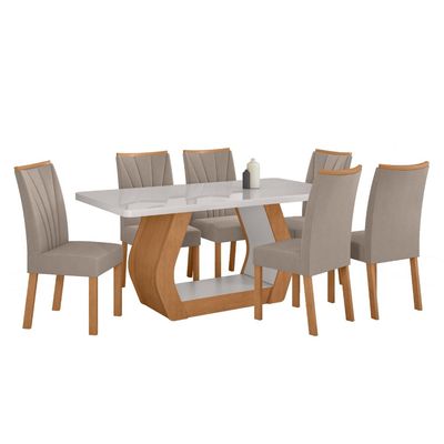 Conjunto Sala de Jantar Mesa Easy Tower 170x90cm MDF/Vidro com 6 Cadeiras Confort  Amendoa/off White