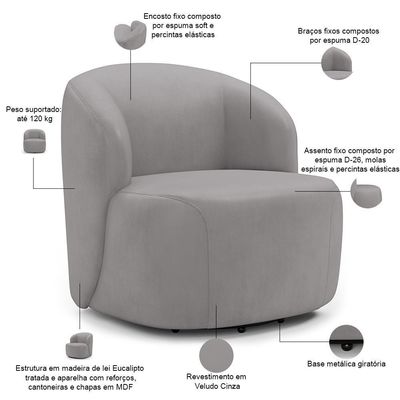 Poltrona Giratória Orgânica Para Sala Living Heidy F04 Veludo Cinza - Lyam Decor