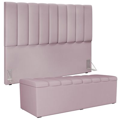 Kit Cabeceira Cama Box Casal Queen 160cm Com Calçadeira Baú Dália W01 Suede Rosê - Lyam Decor