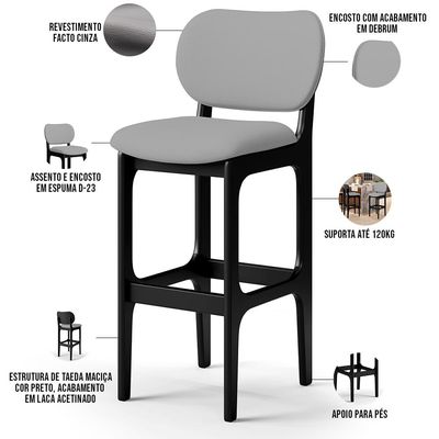 Kit 05 Banquetas Alta Para Cozinha Madeira Fixa Betta L02 Preto Facto Cinza - Lyam Decor