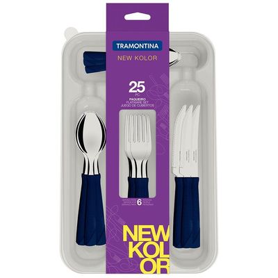 Faqueiro 25 Peças Tramontina New Kolor em Aço Inox com Gaveteiro - Azul