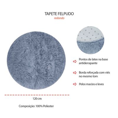 Tapete Redondo Azul Cinza Felpudo Leve Antiderrapante 120cm
