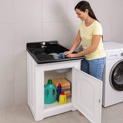 Gabinete Tanque de Lavar Roupas Branco 50L em Fibra Lavanderia Área de Serviço Calçados