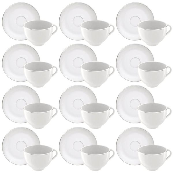 Kit 12 Xícaras de Chá Café com Pires Porcelana 185ml Tramont