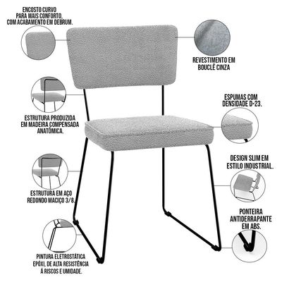 Kit 02 Cadeiras Decorativas Estofada Base De Aço Allana L02 Bouclê Cinza - Lyam Decor