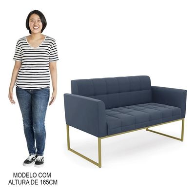 Sofá Namoradeira E 2 Poltronas Base Industrial Dourado Ana Suede Azul Marinho - Ibiza