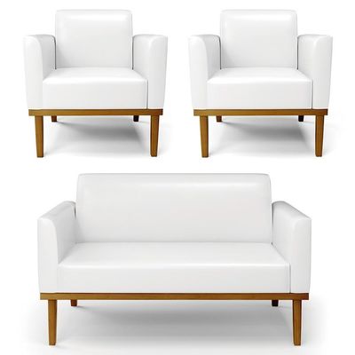 Sofá Namoradeira E 2 Poltronas Base Madeira Castanho Maressa Sintético Pu Branco - Ibiza