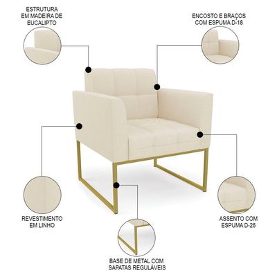 Poltrona Decorativa Base Industrial Dourado Ana Linho Bege - Ibiza