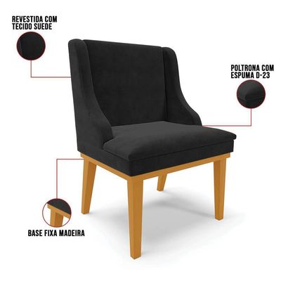 Kit 10 Cadeiras Estofadas Para Sala De Jantar Base Fixa De Madeira Castanho Lia Suede Preto - Ibiza
