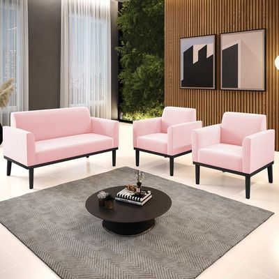 Sofá Namoradeira E 2 Poltronas Base Madeira Preto Maressa Suede Rosa Bebê - Ibiza
